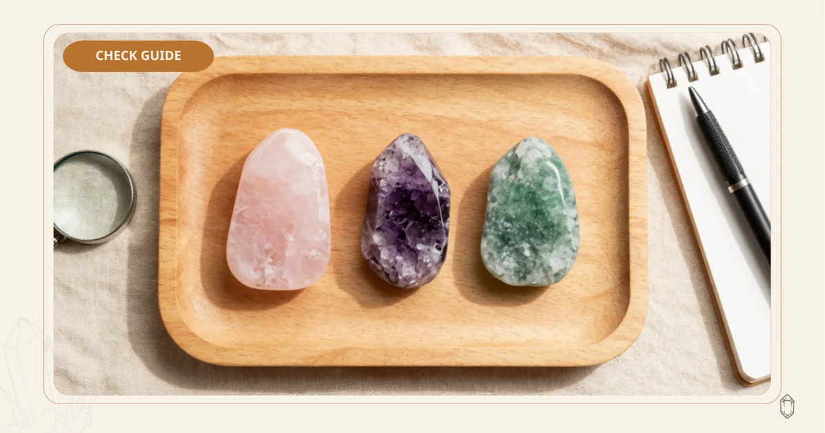 หินธรรมชาติสามชนิดวางเปรียบเทียบบนถาดไม้ พร้อมแว่นขยายและสมุดบันทึก สำหรับบทความแนะนำการตรวจดูหินก่อนซื้อ