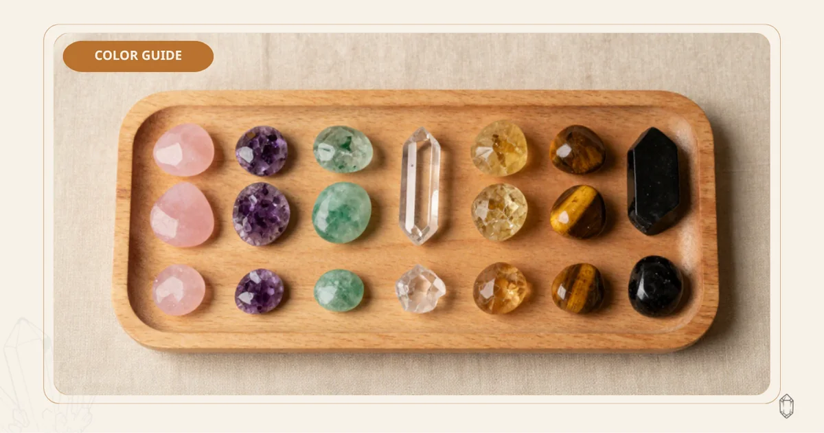หินธรรมชาติหลายสีวางเรียงตามโทนสีบนถาดไม้ สำหรับบทความแนะนำการเลือกหินตามสี