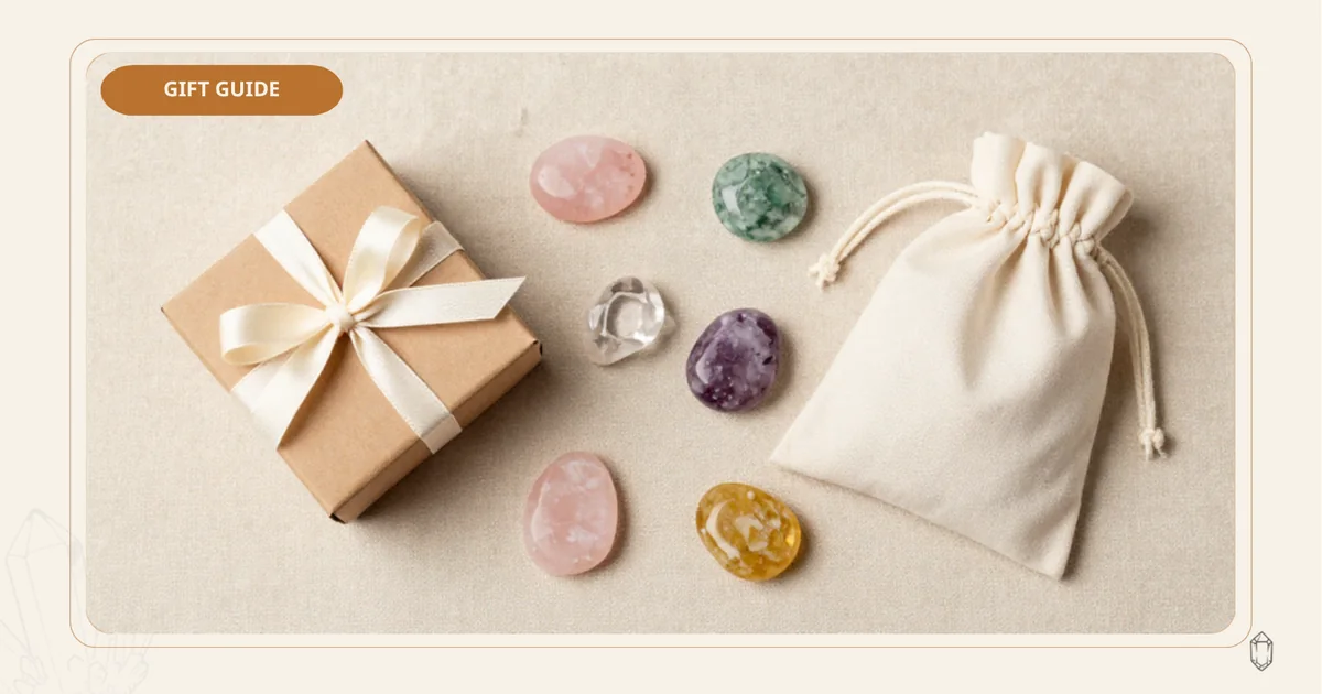 กล่องของขวัญ ถุงผ้า และหินธรรมชาติหลายสี สำหรับบทความแนะนำการเลือกหินเป็นของขวัญ