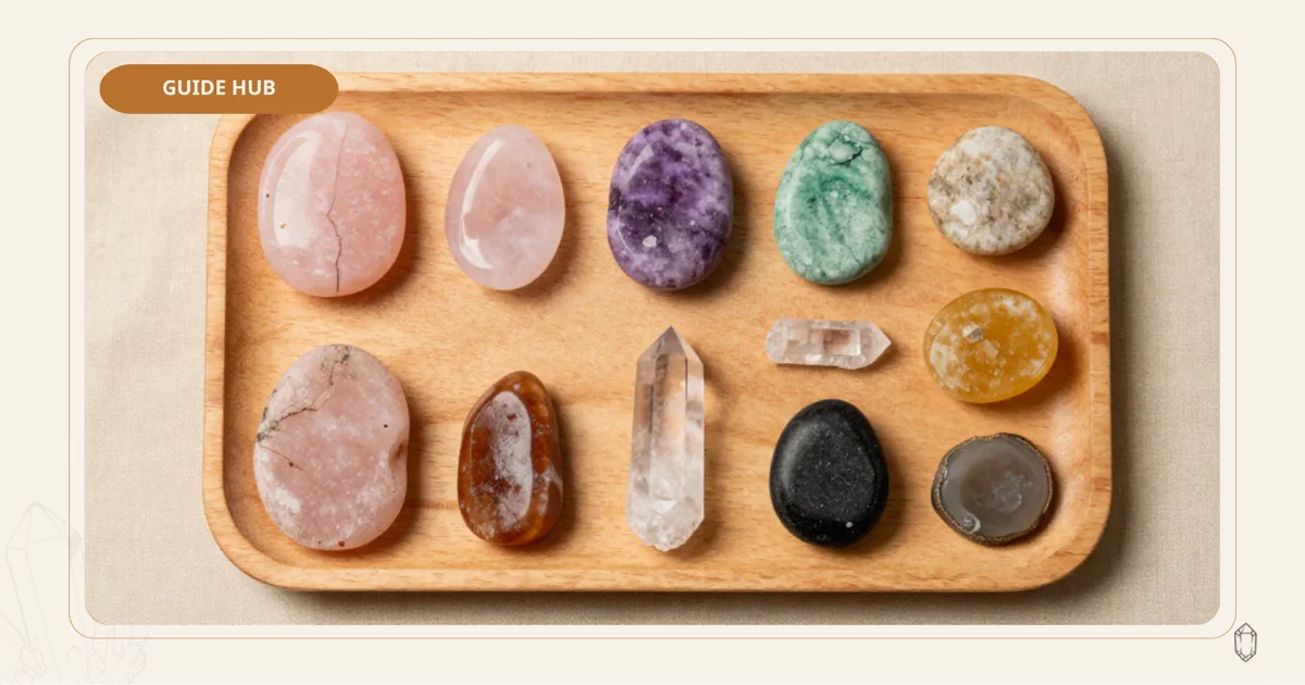 หินธรรมชาติหลายสีและหลายรูปแบบวางรวมกันบนถาดไม้ สำหรับหน้าแนะนำคู่มือเลือกและดูแลหิน