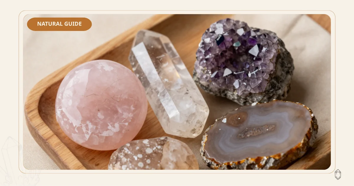 หินธรรมชาติหลายชนิดที่เห็นลวดลาย เนื้อหิน และร่องรอยตามธรรมชาติ วางบนถาดไม้
