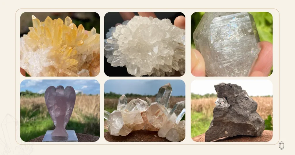 หินตระกูลควอตซ์หลายชนิด เห็นความต่างของสีและลักษณะในภาพเดียว